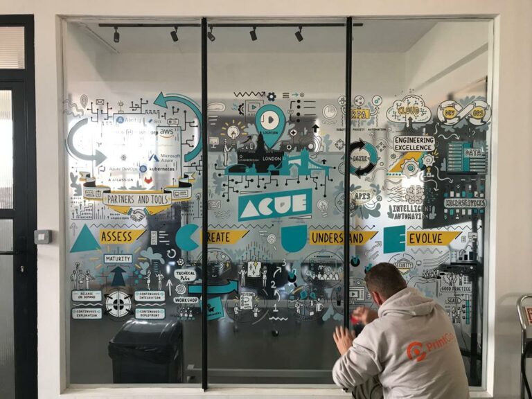 photo of clear printed window graphics being fitted