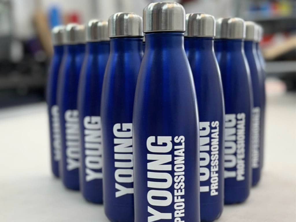 Promotional Merchandise - Water Bottles in blue with Young Professionals on.